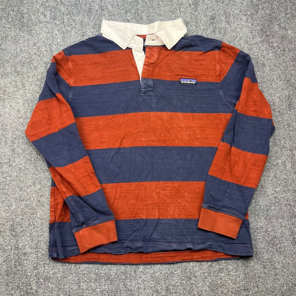 Patagonia Men Organic Cotton Striped Rugby Shirt Navy Red Medium Long Sleeve